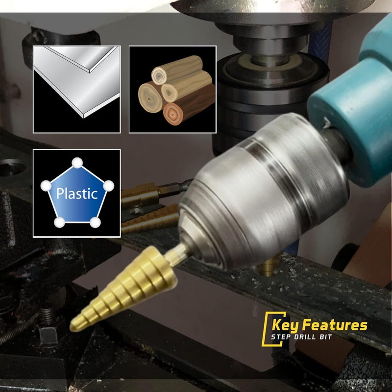 Cortool Step Drill Bit for Metal, Titanium High Speed Steel Step Drill Bit Set, Unibit Step Drill, Heavy Duty Step Bit, HSS Drill Bit Set Total 23 Sizes 1/4"-1-3/8", 3/16"-7/8" - Image 4